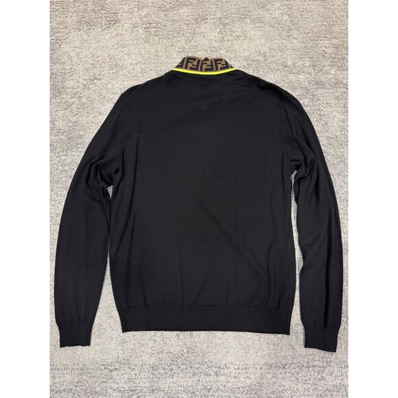 Fendi Brown Monogram Logo Green Trim Black Thin Knit Wool Turtleneck Sweater 48 - Picture 9 of 15